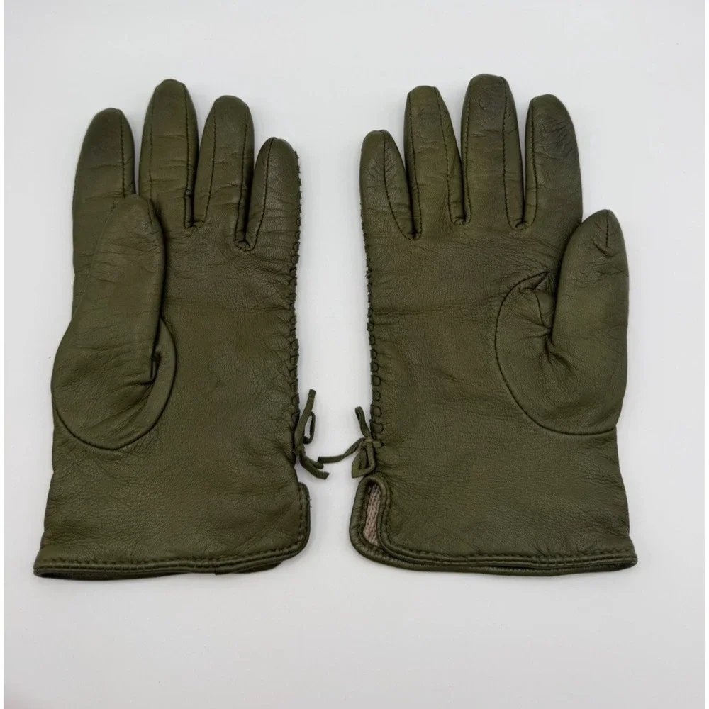 Olive Green Leather Gloves Side Stitching Detail Size Medium
